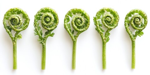Five unfurling maidenhair fern fronds are arranged in a row on a white surface. Each frond is tightly coiled at its base, gradually expanding into a spiral pattern as it rises. 