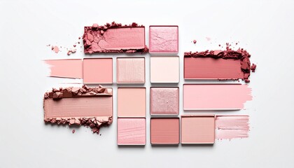 Square pink makeup palette swatches arranged neatly, modern flat lay style