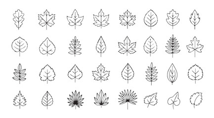 Collection of stylized hand drawn leaf and tree silhouettes in a grid