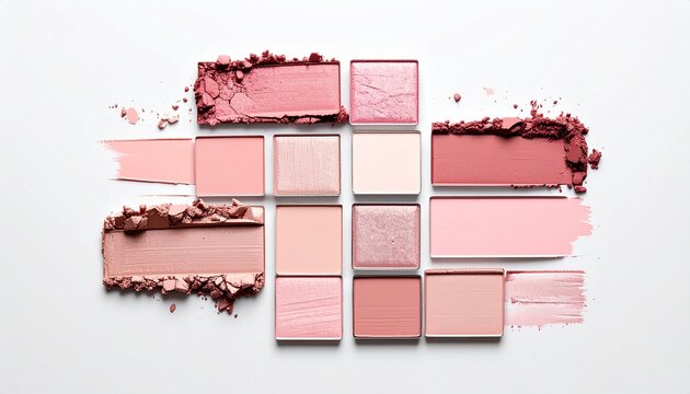 Square pink makeup palette swatches arranged neatly, modern flat lay style