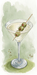 Illustration of watercolor illustration of a martini with olive garnish