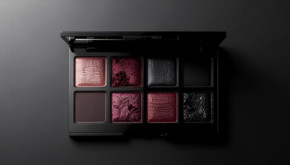 Dark makeup palette with red and black tones, modern luxury cosmetics