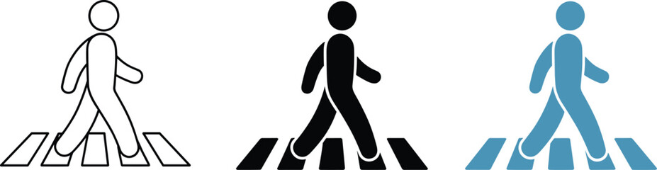 Pedestrian crossing symbol in outline solid black and blue colors crosswalk zebra crossing