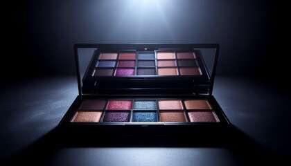 Shiny makeup palette with pink and bronze shades, dramatic luxury lighting