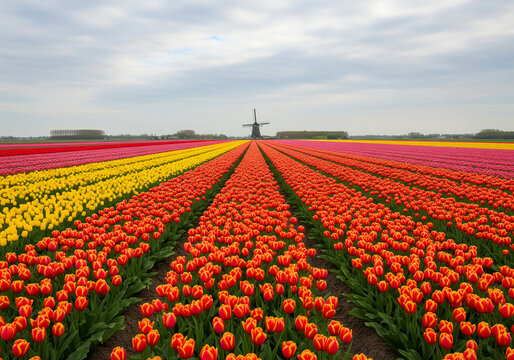 Vibrant rows of colorful tulips blooming in a vast field with a classic Dutch windmill on the horizon during springtime in Holland