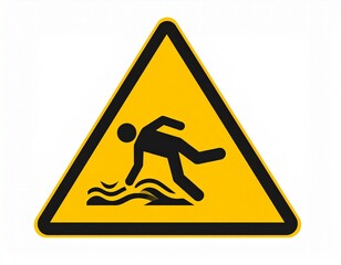 Yellow triangular caution sign warning of slippery wet surfaces for safety