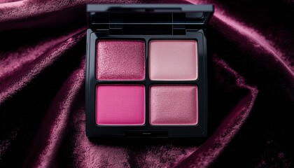 Close-up of pink eyeshadow palette with shimmer tones, beauty concept