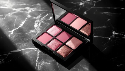 Elegant makeup palette with pink shades on marble background, luxury style
