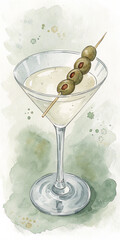 Illustration of watercolor martini cocktail with olives isolated on white background