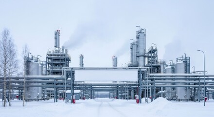 Obraz premium Gas processing plant in winter. Industrial facility with pipes and tanks covered in snow. Chemical factory for energy production.