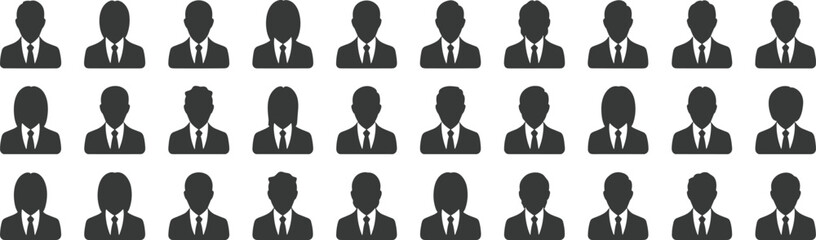 Rows of business person silhouette icons with suits and ties Keywords: business person, silhouette