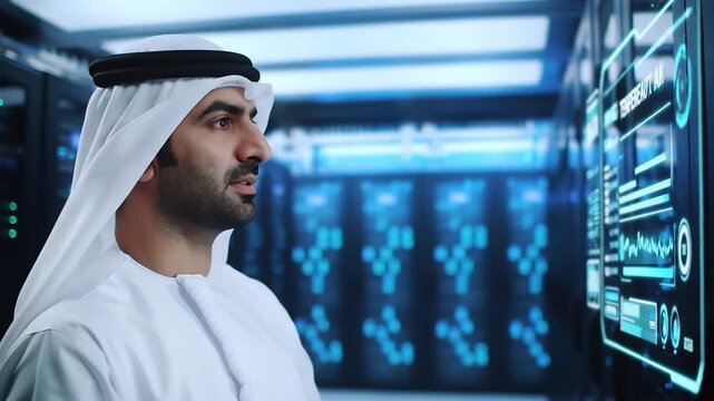 Portrait of Arab man in kandura inside modern data center with servers