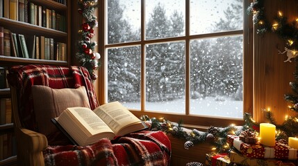 A cozy reading nook decorated with Christmas garland, an open book, and snow gently falling outside the window in ultra HD detail.