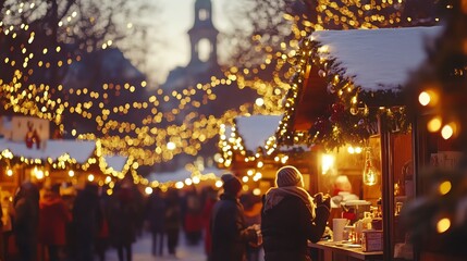 Experience the joy of a festive Christmas market filled with decorated stalls, twinkling lights, and people enjoying hot cocoa.