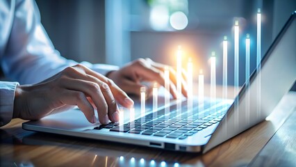 Closeup of hands typing on a laptop with a glowing digital graph overlay, symbolizing financial growth and technology