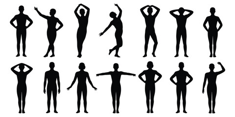 Silhouettes of diverse human figures in various poses on white background people