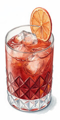 Illustration of watercolor illustration of negroni isolated on white background