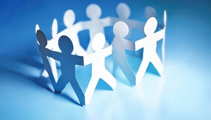 paper cutout people holding hands in glowing circle with long shadows on blue background symbolizing unity teamwork and community for banner or editorial illustration