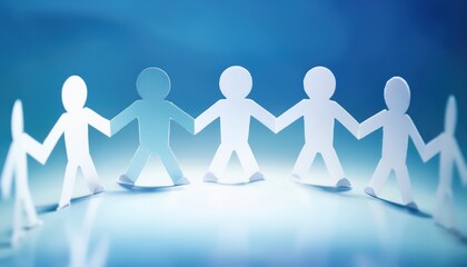 paper cutout people holding hands in glowing circle with long shadows on blue background symbolizing unity teamwork and community for banner or editorial illustration