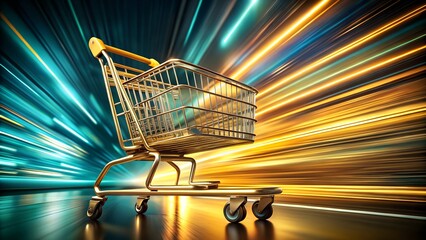 A golden shopping cart in motion, streaks of colorful light blur in the background, symbolizing fast online shopping and ecommerce