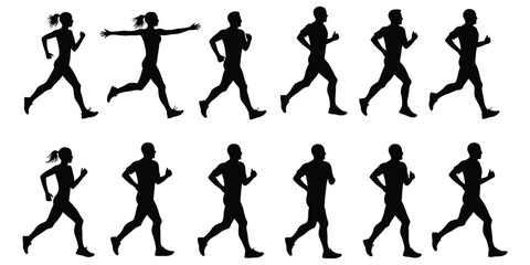 Silhouettes of male and female runners in motion on white background untitled