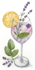 Illustration of watercolor lavender gin tonic isolated on white background