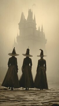 Mystic Gathering: Three enigmatic figures, adorned in timeless attire, gather before an imposing castle shrouded in an ethereal mist. Witness an atmospheric scene that embodies mystery. 
