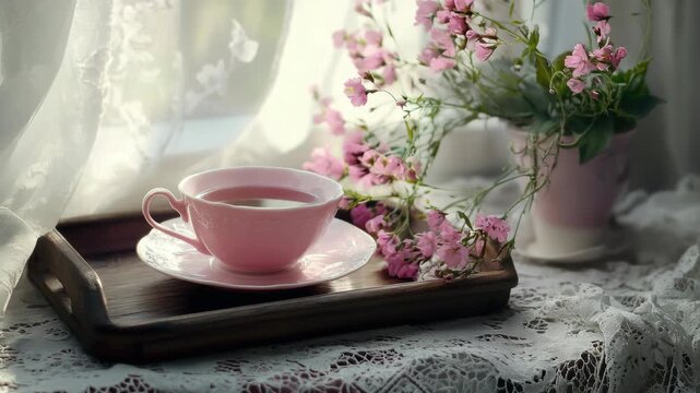 A delicate cup of tea set on a tray, accompanied by flowers in a pink vase. The table is covered with a floral tablecloth and there's a scone to one side.