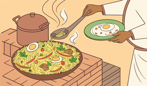 &ldquo;A highly detailed close-up illustration of a Pakistani chef garnishing a huge steaming deg of biryani: saffron rice, tender meat pieces, boiled eggs, green chilies, fried onions, and coriander leaves
