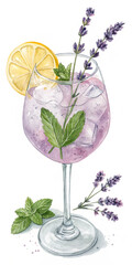 Illustration of watercolor lavender gin tonic isolated on white background
