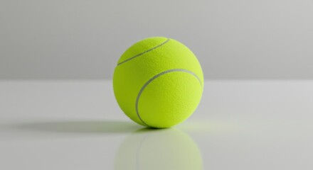 A single, bright yellow tennis ball sits on a reflective white surface against a neutral background.