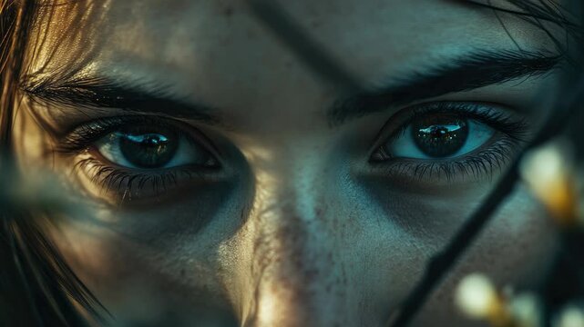 Woman's reflection in her eyes, looking contemplative.