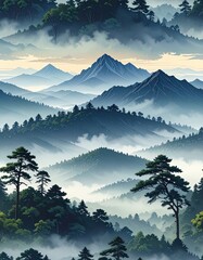 Majestic Mountain Range Adventure, Nature Landscape, Serene Environment, Scenic View, Foggy Atmosphere