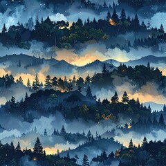 Majestic Mountain Landscape, Nature Serenity, Night Sky, Digital Illustration, Tranquil Environment, Aerial View, Atmospheric Depth