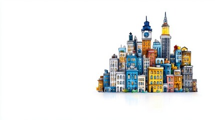 Colorful Block Cityscape Model on White Background, Generative AI