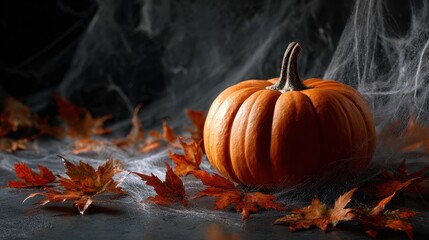Pumpkin on spooky autumn leaves, cobwebs, and dark background.
