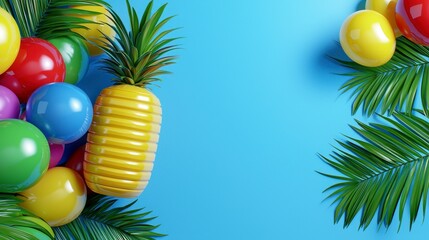 Colorful Balloons Pineapple Palm Leaves Summer Background, Generative AI
