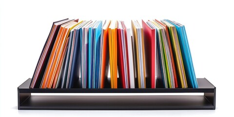 A dark, rectangular shelf holds a stack of colorful books. The books are arranged in a slightly angled formation, with their spines facing forward. 