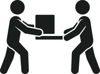 Two people carrying a box together on white background Keywords: teamwork, carrying, box, package