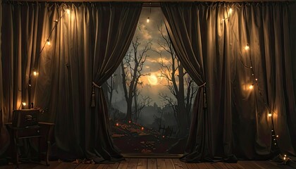 Enchanting Evening Scene, Forest View, Interior Setting, Artwork, Cozy Atmosphere, Dreamy Concept