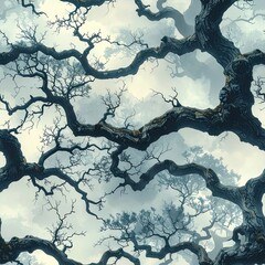 Mysterious Twisted Tree Branches, Nature Landscape, Artistic Illustration, Atmospheric Environment, Close-up View