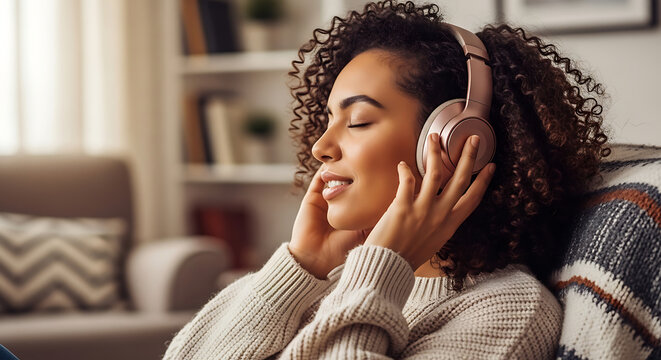 Peaceful moment of a woman enjoying her favorite playlist on headphones, finding tranquility and happiness at home