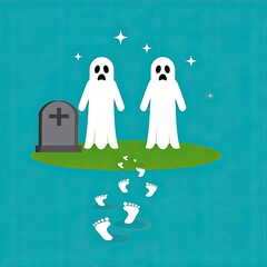 Ghostly Encounter, Spirits, Graveyard, Illustration, Cartoon, Whimsical Scene, Playful Perspective