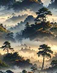 Serene Landscape, Majestic Mountains, Misty Forest, Nature Photography, Tranquil Atmosphere, Dawn View, Scenic Beauty