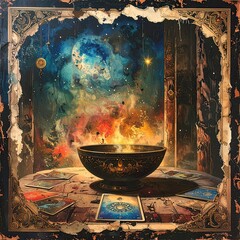 Cosmic Revelation, Mystical Bowl, Celestial Setting, Digital Art, Surreal Universe, Enigmatic View, Imagination Unleashed