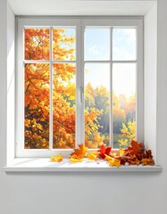 Autumn Window View, Colorful Leaves, Cozy Interior, Scenic Nature, Bright Daylight