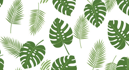 Tropical Green Monstera and Palm Leaves Pattern on White Background
