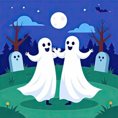 Dancing Ghosts in Graveyard at Night - Fun Illustration for Spooky Vibes