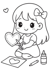 coloring book  girl cutting a paper heart and making a handmade Valentine card with glue.