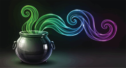 Mystical cauldron emitting colorful magical smoke, creating swirling patterns against a dark background.